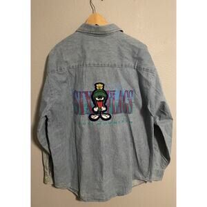 Vintage Mens Button Up Top XL Denim Six Flags Magic Mountain Marvin Martian 1992